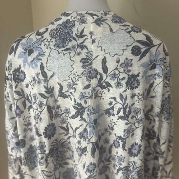 RACHEL ZOE 100% Linen Floral Knit Tunic Tee V-Neck Top 3/4 Sleeves Blue White - Picture 10 of 16